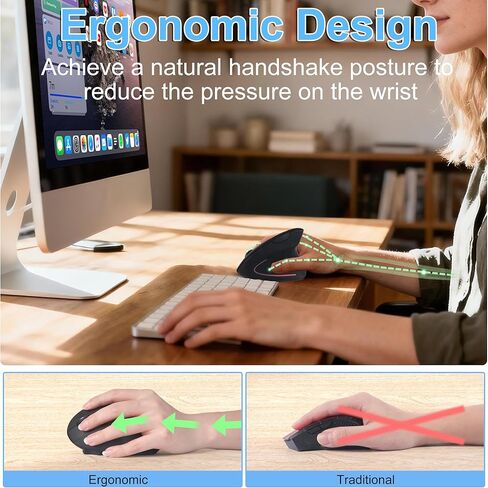 Ergonomic Mouse Wireless 2.4GHz Optical Right Hand Vertical Mouse with USB & Type-C Dual Port Receiver 6 Buttons Portable Silent USB Wireless Mice for PC Laptop Desktop Computer Mac Adult Gifts, Black in Kuwait