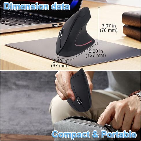 Ergonomic Mouse Wireless 2.4GHz Optical Right Hand Vertical Mouse with USB & Type-C Dual Port Receiver 6 Buttons Portable Silent USB Wireless Mice for PC Laptop Desktop Computer Mac Adult Gifts, Black in Kuwait