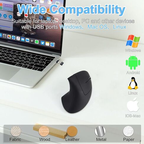 Ergonomic Mouse Wireless 2.4GHz Optical Right Hand Vertical Mouse with USB & Type-C Dual Port Receiver 6 Buttons Portable Silent USB Wireless Mice for PC Laptop Desktop Computer Mac Adult Gifts, Black in Kuwait