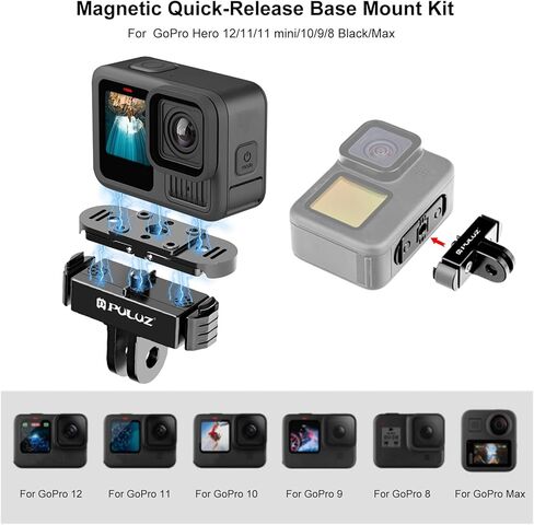 PULUZ Magnetic Quick Release Mount Compatible with GoPro Hero 12/11/11 mini/10/9/8 Black/Max,Aluminum Adapter Base with 1/4-inch Screw Hole & Installation Tools,Foldable Anti-Slip Buckle Clip in Saudi Arabia