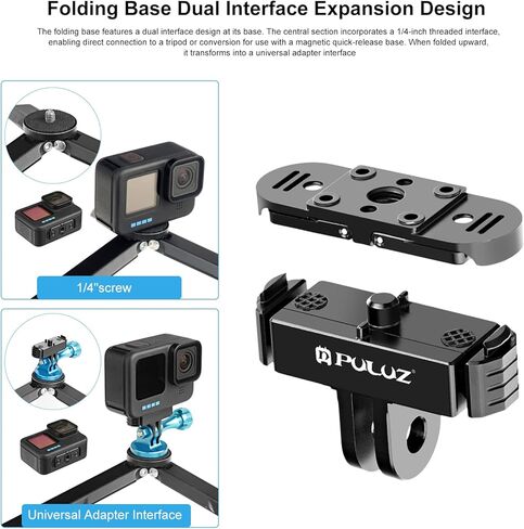 PULUZ Magnetic Quick Release Mount Compatible with GoPro Hero 12/11/11 mini/10/9/8 Black/Max,Aluminum Adapter Base with 1/4-inch Screw Hole & Installation Tools,Foldable Anti-Slip Buckle Clip in Saudi Arabia