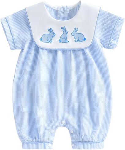 Newborn Baby Boy Easter Outfit Short Sleeve Bunny Embroidery Sailor Collar Jumpsuit Newborn Summer Romper Shortalls in Saudi Arabia