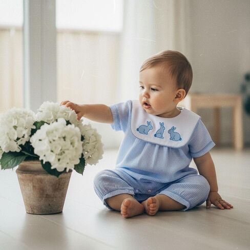 Newborn Baby Boy Easter Outfit Short Sleeve Bunny Embroidery Sailor Collar Jumpsuit Newborn Summer Romper Shortalls in Saudi Arabia