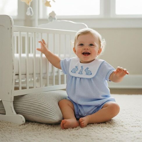 Newborn Baby Boy Easter Outfit Short Sleeve Bunny Embroidery Sailor Collar Jumpsuit Newborn Summer Romper Shortalls in Saudi Arabia