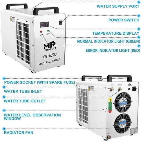 مبرد المياه الصناعي Monport 6L CW-5200 0.9hp 2.6Gal/min نظام تبريد المياه لآلة النقش والقطع بالليزر CO2 50W-150W in Kuwait