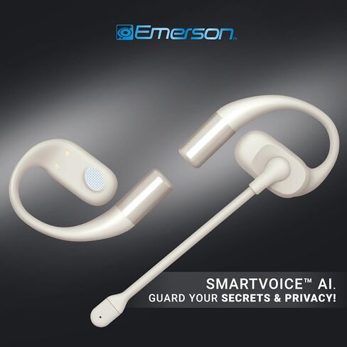 Emerson NoiseZero Open-Ear Earphones w/Charging Case and USB-C Cable, Smart AI 100dB ENC Microphone Cancelling 99.999% Noise, Max Privacy, Wireless Bluetooth Earbuds, IPX4, Gym, Work, Travel - White in Saudi Arabia