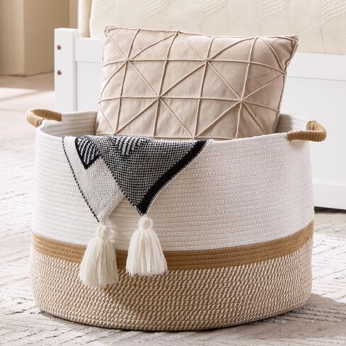 Extra Large Nursery Storage Basket, 22 x 22 x 14 inches - 100% Cotton Rope Baskets with Handles, Laundry Basket for Toys, Blankets & Pillows - Off White with Leather Handles in Saudi Arabia