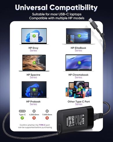 شاحن كمبيوتر محمول HP USB C 65W/45W محول طاقة من النوع C لجهاز HP EliteBook Elite Spectre X360 X2 830 1030 1040 Envy 11 13 14 15 ProBook 430 G6 G7 G8 Chromebook Pavilion، بطول 10 أقدام، مع كابل طاقة المملكة المتحدة in Kuwait
