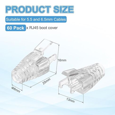 غطاء حذاء MECCANIXITY 60 حزمة، Cat5 Cat5e Cat6 Cat6A كابل شبكة إيثرنت، قطر الفتحة 6.5 مم (شفاف) in Kuwait