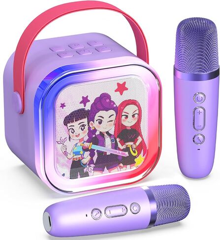 Mini Karaoke Machine for Kids,5 Voice Effects - Portable Bluetooth Speaker with 2 Wireless Mics LED Lights for Boys Girls Ages 3-12| Kids Karaoke Machine Birthday Gift Toy for Singing,Party & Play in Kuwait