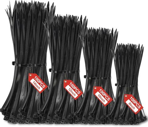 10''+12''+14''+16'' Zip Ties Assorted Sizes, 400 Pack 50 LBS Black Cable Ties - Heavy Duty Nylon Wire Ties, Self-Locking, UV Resistant for Indoor/Outdoor Use in Saudi Arabia