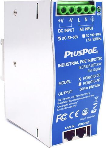 Industrial Gigabit PoE++ Injector, IEEE 802.3BT/at/af Compliant, PoE (15.4W), PoE+ (30W), or PoE++(90W), Battery-Powered DC PoE Injector, 36V-48V-56V DC Input, DIN Rail Mount in Saudi Arabia