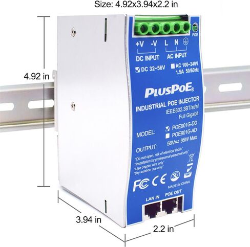 Industrial Gigabit PoE++ Injector, IEEE 802.3BT/at/af Compliant, PoE (15.4W), PoE+ (30W), or PoE++(90W), Battery-Powered DC PoE Injector, 36V-48V-56V DC Input, DIN Rail Mount in Saudi Arabia