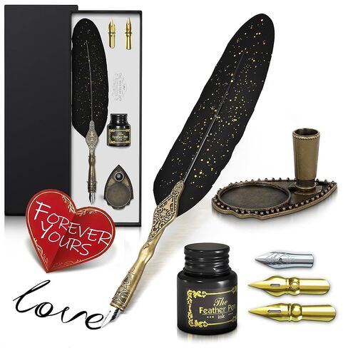 Vintage Feather Quill Pen and Ink Set - Blue Feather Pen and Ink Set, Writing and Drawing Tools with Stainless Steel Nib - Elegant Vintage Style Calligraphy Kit for Creative Hand Lettering in Saudi Arabia