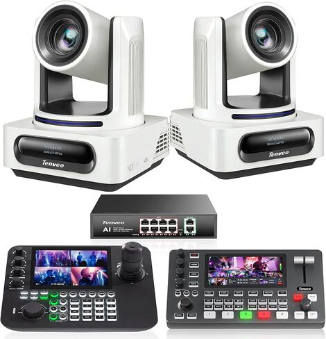 Tenveo PTZ Bundle/Kits - 20X AI Auto Tracking NDI PTZ Camera(*2) with SDI/HDMI/USB3.0/LAN(PoE), 7’’ LCD Quad-Screen NDI Joystick Controller, 4K HDMI + SDI Video Switcher and 8 Port Gigabit PoE Switch in Kuwait