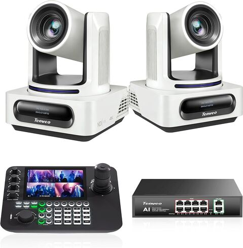 Tenveo 4K PTZ Camera Bundle/Kits - 4K 20X NDI AI Humanoid & Face Auto-Tracking 3G-SDI/HDMI/USB3.0/LAN(PoE) PTZ Camera(*2), 7'' Quad-Screen NDI PTZ Joystick Controller and 8 Port Gigabit PoE Switch in Kuwait