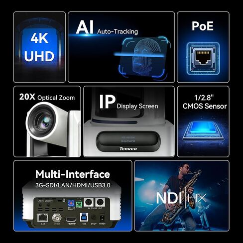 Tenveo 4K PTZ Camera Bundle/Kits - 4K 20X NDI AI Humanoid & Face Auto-Tracking 3G-SDI/HDMI/USB3.0/LAN(PoE) PTZ Camera(*2), 7'' Quad-Screen NDI PTZ Joystick Controller and 8 Port Gigabit PoE Switch in Kuwait