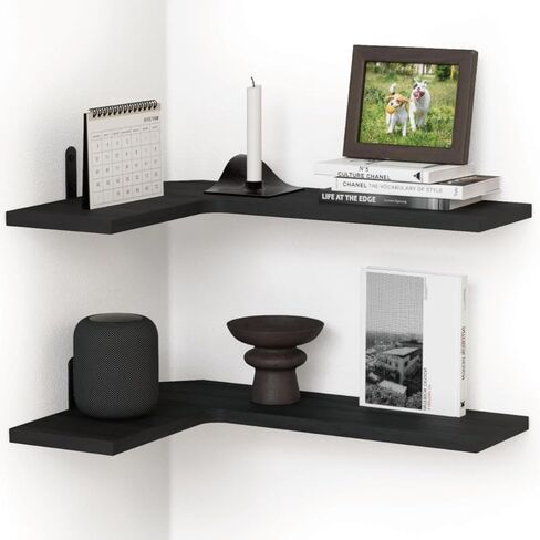 أرفف زاوية عائمة للجدار، رف مثبت على الحائط في الزاوية لتخزين ديكور المنزل، أرفف خشبية ريفية للغرفة والحمام وغرفة النوم والمطبخ - (2، أسود) in Kuwait