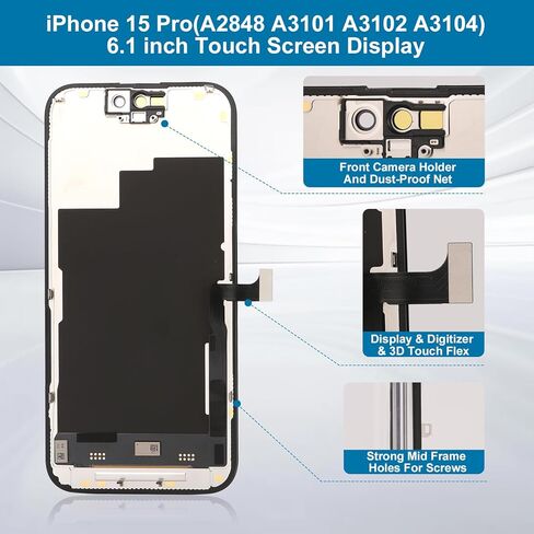 for iPhone 15pro Screen Replacement Kit Full Assembly with True Tone, iPhone 15pro LCD Display Digitizer Screen Replacement with 3D Touch Digitizer and Repair Tools-Model A2848 A3101 A3102 A3104 in Saudi Arabia