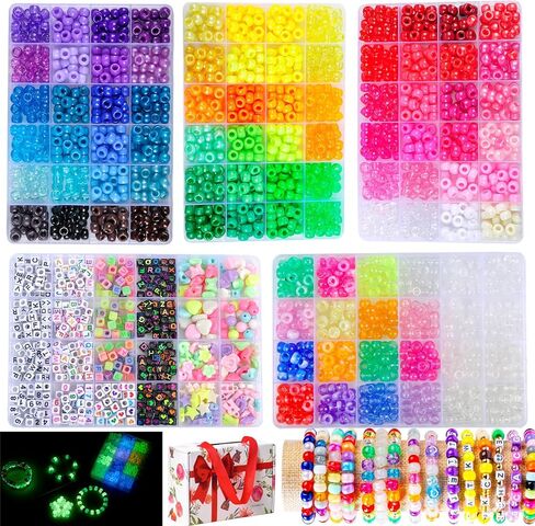 SJZWSD 5 Boxes Bracelet Making Kit Pony Beads, 6x9mm Kandi Rave Beads & Hair Beads Set with UV Color Changing, Glow-in-Dark, Chrome & Alphabet Letters for Friendship Jewelry DIY Crafts in Kuwait