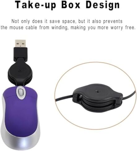ماوس سلكي صغير، ماوس USB بصري محمول صغير الحجم للسفر مع سلك USB قابل للسحب، فئران مدمجة للأيدي الصغيرة للكمبيوتر المحمول والكمبيوتر المكتبي والمنزل والمدرسة والأطفال والبنات والأولاد والأطفال هدية باللون الأرجواني in Kuwait