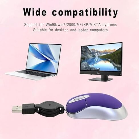 ماوس سلكي صغير، ماوس USB بصري محمول صغير الحجم للسفر مع سلك USB قابل للسحب، فئران مدمجة للأيدي الصغيرة للكمبيوتر المحمول والكمبيوتر المكتبي والمنزل والمدرسة والأطفال والبنات والأولاد والأطفال هدية باللون الأرجواني in Kuwait