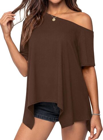 PRETTYGARDEN Off The Shoulder Tops for Women Trendy 2026 Spring Summer Casual Short Sleeve Asymmetrical Oversized Tee Tshirts in Saudi Arabia