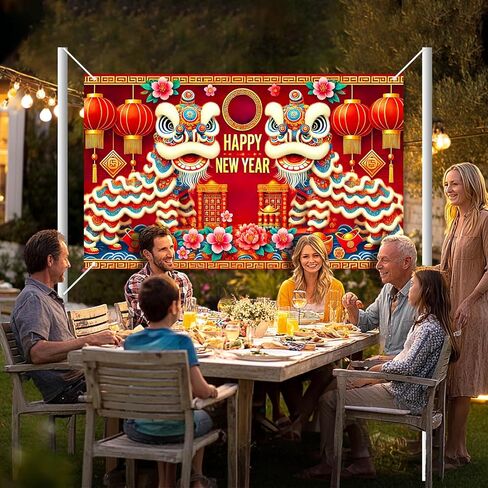 2026 Happy New Year Banner Chinese Lion Dance Backdrop Red Gold Festival Wall Decor Lunar New Year Party Photo Background for Indoor Outdoor Celebration Banner in Saudi Arabia