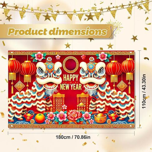 2026 Happy New Year Banner Chinese Lion Dance Backdrop Red Gold Festival Wall Decor Lunar New Year Party Photo Background for Indoor Outdoor Celebration Banner in Saudi Arabia