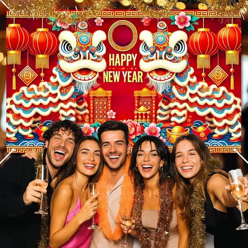 2026 Happy New Year Banner Chinese Lion Dance Backdrop Red Gold Festival Wall Decor Lunar New Year Party Photo Background for Indoor Outdoor Celebration Banner in Saudi Arabia