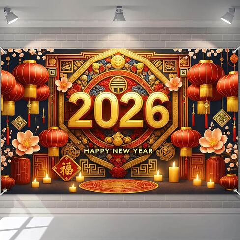 2026 Happy New Year Banner Chinese Lion Dance Backdrop Red Gold Festival Wall Decor Lunar New Year Party Photo Background for Indoor Outdoor Celebration Banner in Saudi Arabia