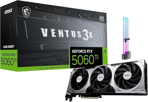 msi GeForce RTX 5060 Ti 16G Ventus 3X OC Graphics Card, 16GB GDDR7, PCIe Gen 5, 3X DP 2.1b, HDMI 2.1b, 1440p Gaming, AI Content Creation, 3D Rendering, Streaming, RGB GPU Holder in Saudi Arabia