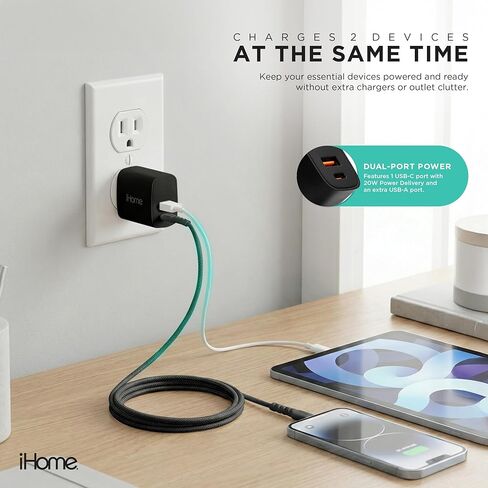iHome Charge & Sync Bundle, Dual Port USB Charger, 20W Power Delivery, 6ft Lightning to USB-C Cable in Saudi Arabia