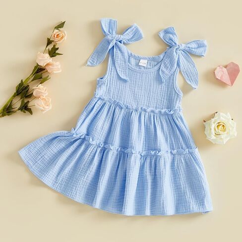 Toddler Baby Girl Dress Summer Clothes Gauze Cotton Solid Color Sleeveless Round Neck Tiered Flowy Dresses in Saudi Arabia