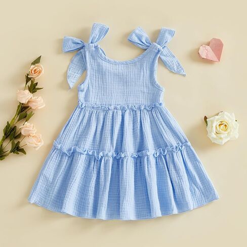 Toddler Baby Girl Dress Summer Clothes Gauze Cotton Solid Color Sleeveless Round Neck Tiered Flowy Dresses in Saudi Arabia