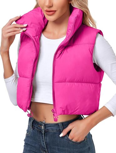 Cityork Women's Cropped Puffer Vest Sleeveless High Stand Collar Crop Outerwear Winter Warm Padded Gilet in Kuwait