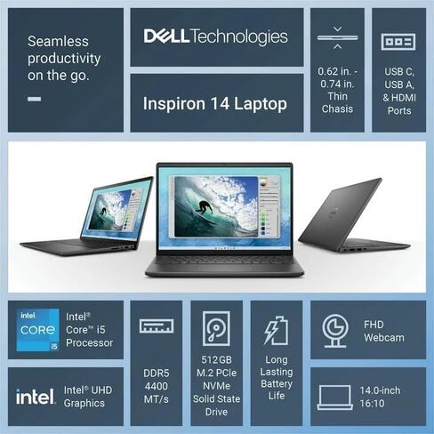 Dell Inspiron 14 Slim Laptop Intel 10-core i5-1334U حتى 4.6 جيجا هرتز 16 جيجا DDR5 512 جيجا SSD 14 بوصة WUXGA لوحة مفاتيح بإضاءة خلفية W11 (14-5440 - متجدد) in Kuwait