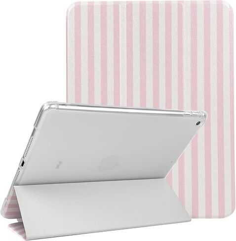 حافظة Lovmooful متوافقة مع iPad 9/8/7 (10.2 بوصة، موديل 2021/2020/2019، الجيل التاسع/الثامن/السابع) مع حامل قلم رصاص مخطط لطيف بتصميم جمالي ناعم من مادة TPU وحامل ثلاثي الطي - أزرق وأبيض in Kuwait