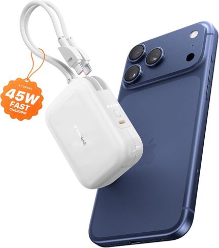 TORRAS EasyGo Portable Charger 10000mAh, 45W Ultra-Fast USB-C Power Bank with Dual Built-in Cables, Integrated Lanyard Design for One-Hand Use, Battery Pack Compatible with iPhone 16/17 Pro, Samsung in Saudi Arabia