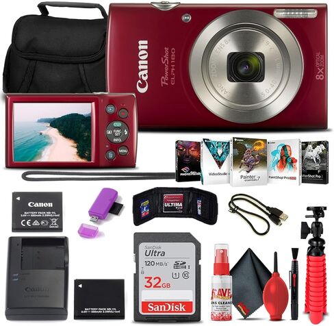 Canon PowerShot ELPH 180 Digital Camera (Silver) (1093C001), 32GB Card, NB11L Battery, Case, Charger, Card Reader, Corel Photo Software, Flex Tripod, Cleaning Kit, USB Cable (Renewed) in Saudi Arabia