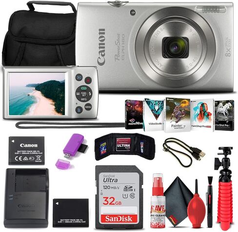 Canon PowerShot ELPH 180 Digital Camera (Silver) (1093C001), 32GB Card, NB11L Battery, Case, Charger, Card Reader, Corel Photo Software, Flex Tripod, Cleaning Kit, USB Cable (Renewed) in Saudi Arabia