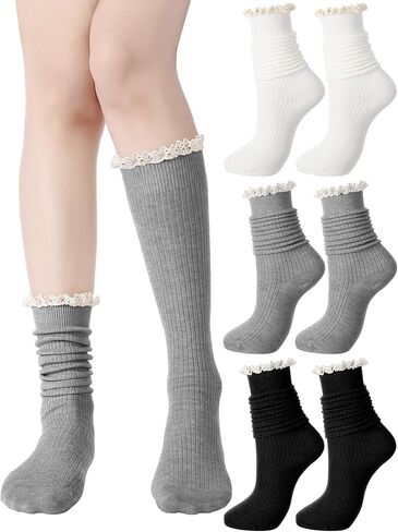 6 Pack Women Cotton Knit Boot Knee High Socks Lace Trim Knee High Stockings Socks for Boots Casual Chic in Saudi Arabia