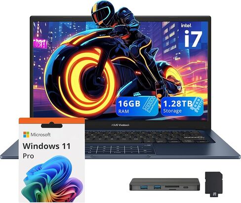 كمبيوتر محمول ASUS Vivobook مقاس 14 بوصة FHD للأعمال، Intel i7-1355U، ذاكرة وصول عشوائي 16 جيجابايت، تخزين 1.28 تيرابايت (1 تيرابايت SSD + مجموعة قاعدة إرساء 288 جيجابايت)، رسومات Intel UHD، لوحة أرقام، Wi-Fi 5، كاميرا ويب، Win 11 Pro، أزرق هادئ in Saudi Arabia
