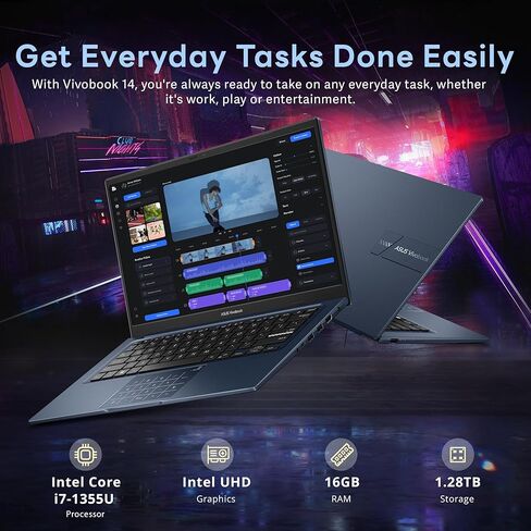 كمبيوتر محمول ASUS Vivobook مقاس 14 بوصة FHD للأعمال، Intel i7-1355U، ذاكرة وصول عشوائي 16 جيجابايت، تخزين 1.28 تيرابايت (1 تيرابايت SSD + مجموعة قاعدة إرساء 288 جيجابايت)، رسومات Intel UHD، لوحة أرقام، Wi-Fi 5، كاميرا ويب، Win 11 Pro، أزرق هادئ in Saudi Arabia