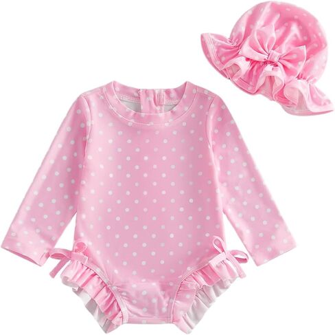 Toddler Baby Girl Swimsuit Dot Print Rash Guard Long Sleeve Ruffle Bathing Suit with Cap 2 Piece Set Swimwear in Saudi Arabia