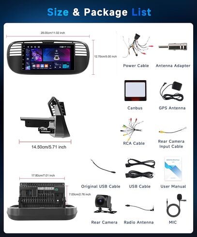 ستيريو سيارة 4G+64G Android 15 لسيارة Fiat 500 2007-2015 مع Carplay Android Auto، شاشة لمس 7 بوصة 1024 * 600 GPS/WiFi/Bluetooth 5.0/ FM/32EQ/ SWC/كاميرا احتياطية in Kuwait