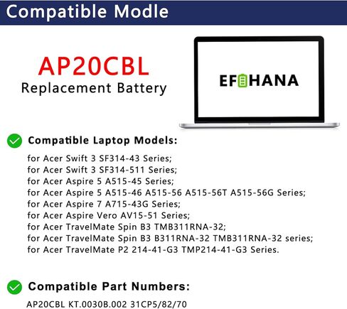 AP20CBL استبدال بطارية الكمبيوتر المحمول لشركة أيسر أسباير 5 A515-46 A515-45 A515-45G أسباير 7 A715-43G سويفت 3 SF314-43 SF314-511 فيرو AV15-51 TravelMate Spin B3 B311RNA-32 TMB311RNA-32 11.55V 53Wh in Kuwait