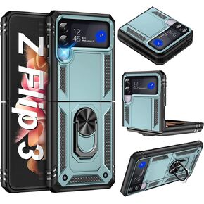 Heavy Duty Case for Samsung Galaxy Z Flip 3 5G Phone Case Military Grade Shockproof Rugged Protective Cover for Samsung Z Flip 3 with Metal Ring Magnetic Kickstand (Green) in Kuwait