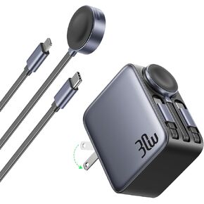 30W Retractable Charger 3 in 1, Wall Charger Fast Charging with Triple Retractable Charging Cables, Portable Multi Charger for iPhone 17 Pro Max, for Apple iWatch, Air Pods, Samsung, iPad in Kuwait