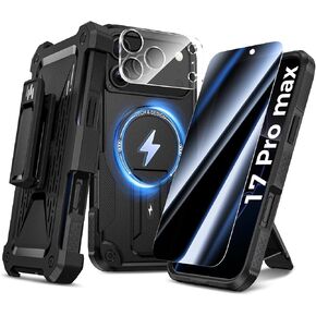 حافظة Goton 4in1 لهاتف iPhone 17 Pro Max مع حافظة بمشبك حزام، وواقي شاشة من الزجاج المقوى للخصوصية وواقي عدسة الكاميرا، متوافق مع MagSafe، وغطاء هاتف عالي التحمل ومقاوم للصدمات in Kuwait